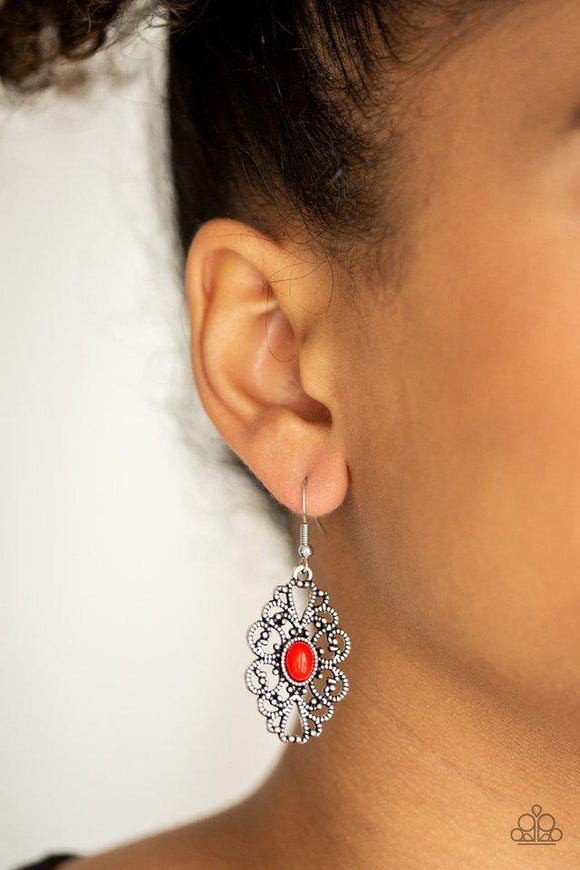 Paparazzi Over The POP - Red A shiny red bead is pressed into the center of an ornate silver frame swirling with studded detail, creating the perfect pop of color. Earring attaches to a standard fishhook fitting.

