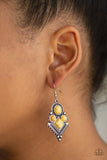 Paparazzi So Sonoran - Yellow  -  Chiseled into round and square beads, sunny yellow stones are pressed into an ornate geometric frame radiating with shimmery silver studs for a tribal inspired look. Earring attaches to a standard fishhook fitting.
