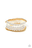 Paparazzi Industrial Incognito - Gold - Bracelet  -  A collection of pearly white beads and glistening gold chains are threaded along stretchy bands, creating a bold collision of industrial glamour.

