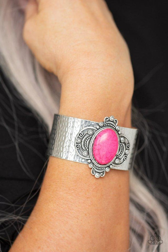 Paparazzi Yes I Canyon - Pink Featuring a vivacious pink stone center, an ornate silver frame adorns the center of a hammered silver cuff for an artisan inspired look.
