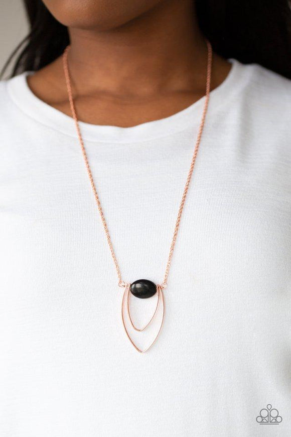 Paparazzi Quarry Quest - Black  -  Threaded along a metallic rod, a smooth black stone gives way to angular shiny copper frames at the bottom of a shiny copper chain for a seasonal flair. Features an adjustable clasp closure.
