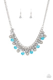 Paparazzi Party Spree - Blue - Set  -  A collection of metallic net covered beads, shiny silver beads, and glittery blue and metallic flecked crystal-like beads swing from the bottom of interlocking silver chains, creating a refined fringe below the collar. Features an adjustable clasp closure.