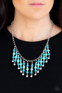 Paparazzi Your SUNDAES Best - Blue  -  A collection of blue, green, and silver beads are threaded along metallic rods as they swing from the bottom of a shimmery silver chain, creating a flirtatious fringe below the collar. Features an adjustable clasp closure.
