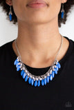 Paparazzi Bead Binge - Blue  -  Varying in size and shape, imperfect blue and gray beads cascade from the bottom of a shimmery silver chain, creating a vivacious fringe below the collar. Features an adjustable clasp closure.
