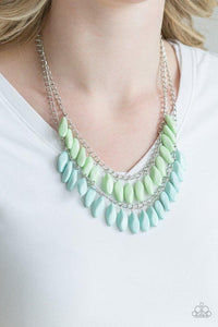 Paparazzi Beaded Boardwalk - Blue  -  A row of faceted green beads swings above a row of faceted blue beads, creating a refreshing double fringe below the collar. Features an adjustable clasp closure.
