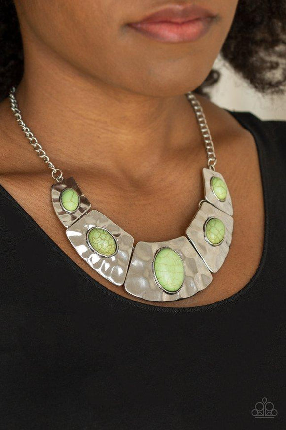 Paparazzi RULER In Favor - Green  -  Dotted with earthy green stone accents, a collection of hammered silver plates link below the collar for an artisan inspired look. Features an adjustable clasp closure.
