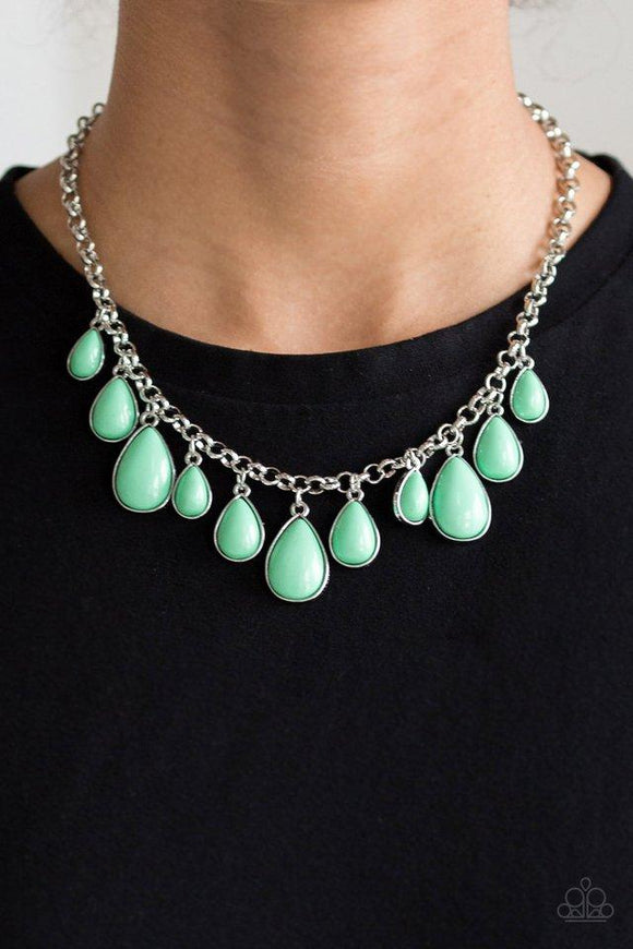 Paparazzi Jaw-Dropping Diva - Green  -  Encased in sleek silver frames, minty green teardrop beads drip from the bottom of a shimmery silver chain, creating a refreshing fringe below the collar. Features an adjustable clasp closure.

