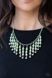 Paparazzi Your SUNDAES Best - Green  -  A collection of green, gray, and silver beads are threaded along metallic rods as they swing from the bottom of a shimmery silver chain, creating a flirtatious fringe below the collar. Features an adjustable clasp closure.
