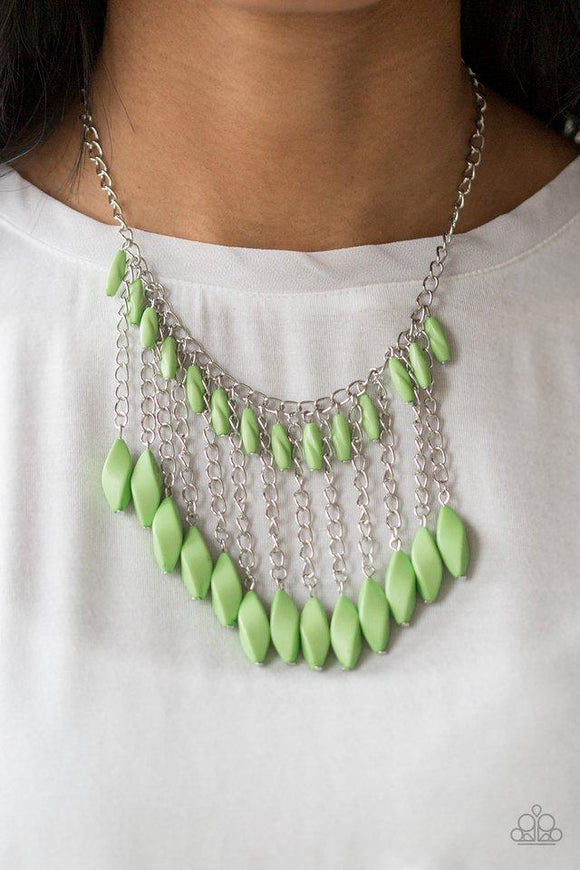 Paparazzi Venturous Vibes - Green  -  A row of faceted green beads swing from the bottom of a shimmery silver chain below the collar. Larger green beads cascade from the bottoms of free-falling silver chains, creating a vivacious fringe. Features an adjustable clasp closure.
