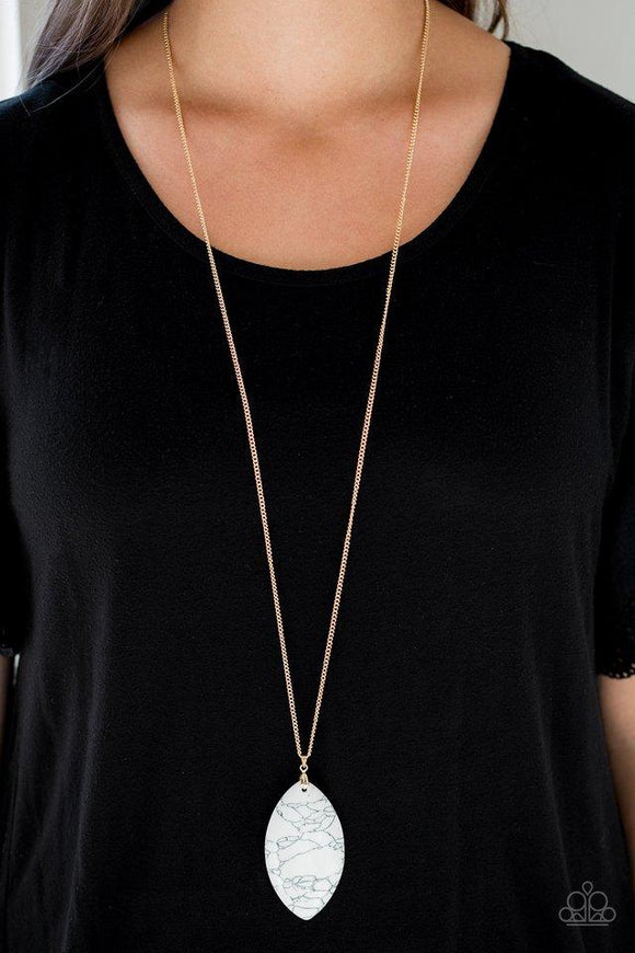 Paparazzi Santa Fe Simplicity - White  -  Chiseled into a tranquil almond-shape, an oversized white stone pendant swings from the bottom of a lengthened gold chain in a seasonal fashion. Features an adjustable clasp closure.
