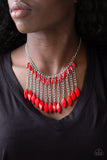 Paparazzi Venturous Vibes - Red  -  A row of faceted red beads swing from the bottom of a shimmery silver chain below the collar. Larger red beads cascade from the bottoms of free-falling silver chains, creating a vivacious fringe. Features an adjustable clasp closure.
