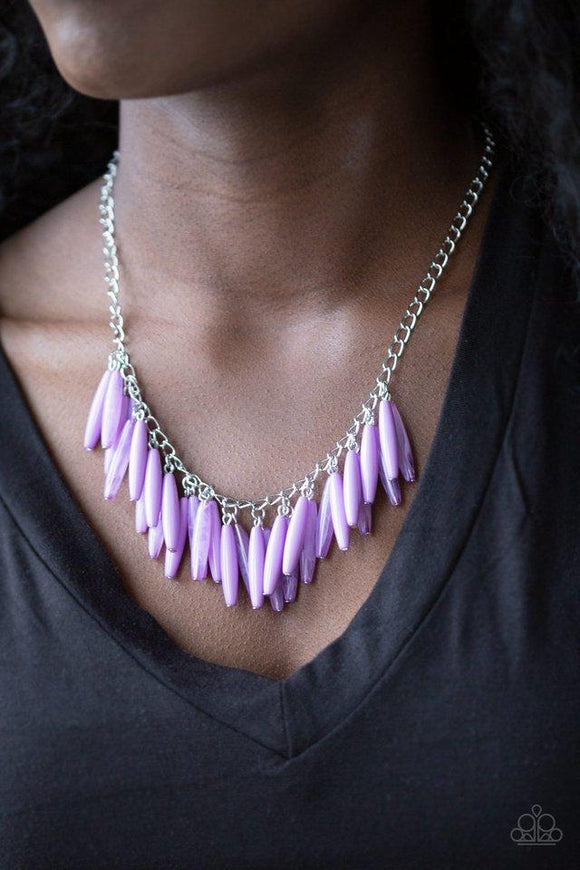 Paparazzi Full Of Flavor - Purple Polished and cloudy purple beads cascade from the bottom of a shimmery silver chain, creating a colorful fringe below the collar. Features an adjustable clasp closure.

