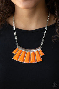 Paparazzi Glamour Goddess - Orange Featuring the energetic hue of Orange Tiger, faceted emerald style beads are pressed into a hammered silver plate. Featuring flared bottoms, the colorful beads fan out below the collar for a fierce finish. Features an adjustable clasp closure.
