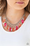 Paparazzi Spring Daydream - Multi Infused with a row of thick silver chain, faceted silver and glassy pink and coral beads swing from the bottom of ornate silver links, creating a vivacious fringe below the collar. Features an adjustable clasp closure.

