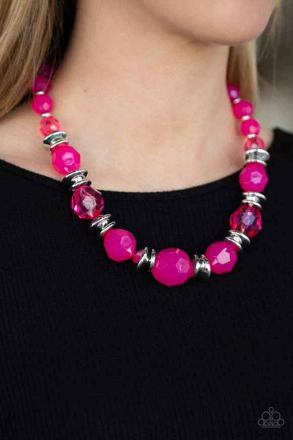 Paparazzi Dine and Dash - Pink  -  Infused with shimmery silver accents, faceted pink beads gradually increase in size as they join below the collar for a vivacious springtime look. Features an adjustable clasp closure.
