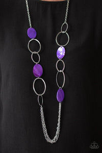Paparazzi Kaleidoscope Coasts - Purple  -  Brushed in a shell-like iridescence, a collection of flat purple beads and mismatched silver hoops give way to layers of silver chains down the chest for a whimsical look. Features an adjustable clasp closure.
