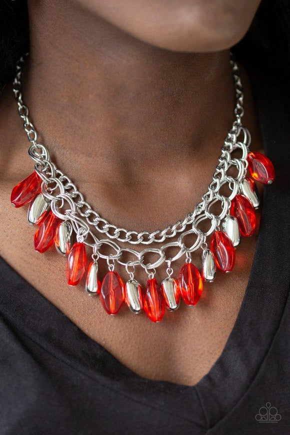 Paparazzi Spring Daydream - Red Infused with a row of thick silver chain, faceted silver and glassy red beads swing from the bottom of ornate silver links, creating a vivacious fringe below the collar. Features an adjustable clasp closure.


