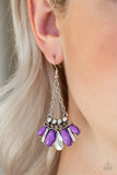 Paparazzi Terra Tribe - Purple  -  A collision of purple marquise beads, sleek silver triangular frames, and a faceted silver teardrop coalesce at the bottom of a studded and chain-link frame for a wild tribal inspired look. Earring attaches to a standard fishhook fitting.
