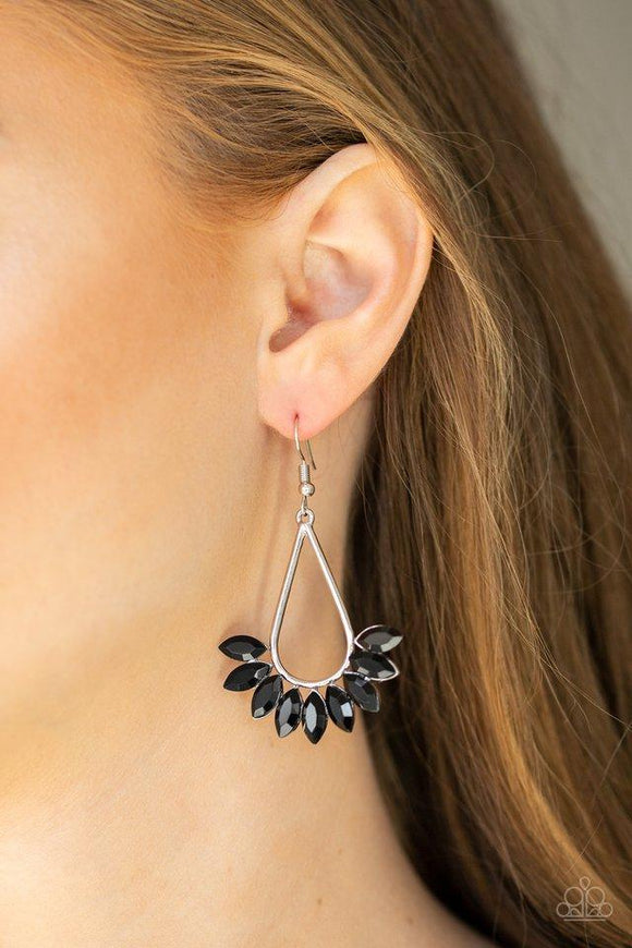 Paparazzi Be On Guard - Black Marquise cut black rhinestones fan from the bottom of a glistening silver teardrop, creating an edgy fringe. Earring attaches to a standard fishhook fitting.

