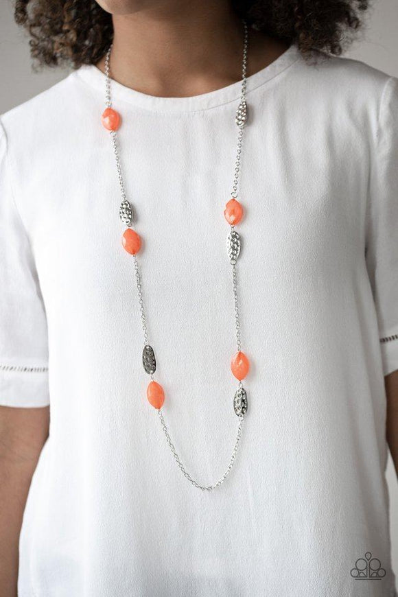 Paparazzi Beachfront Beauty - Orange  -  Featuring an opaque finish, glassy orange beads join hammered silver frames along a shimmery silver chain, creating a colorful collision across the chest. Features an adjustable clasp closure.
