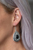 Paparazzi Tropical Topography - Black A shiny black bead is pressed into the center of a shimmery silver teardrop frame radiating with tribal inspired detail for an on-trend fashion. Earring attaches to a standard fishhook fitting.

