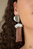 Paparazzi Insta Inca - Brown  -  A plume of shiny brown thread streams from the bottom of a white stone frame that links with an asymmetrical silver disc, creating flirtatious tassel. Earring attaches to a standard post fitting.
