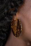 Paparazzi Hit Or HISS - Multi Featuring a tortoise shell-like pattern, an abstract acrylic hoop curls around the ear for a retro look. Earring attaches to a standard post fitting. Hoop measures approximately 2 3/4" in diameter.

