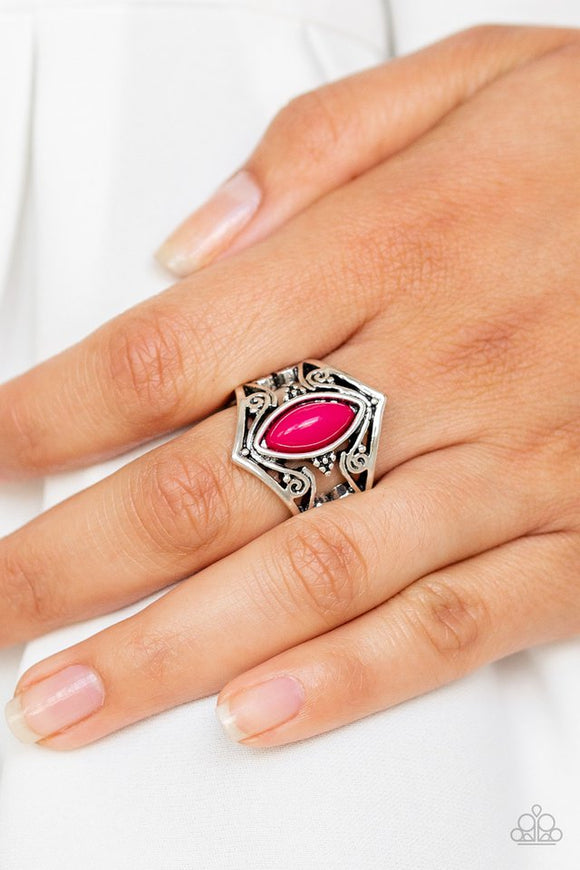 Paparazzi Roamin Rogue - Pink - Ring  -  Featuring a marquise shape, a vivacious pink bead is pressed into a shimmery silver band radiating with vine-like filigree for a whimsical look. Features a stretchy band for a flexible fit.

