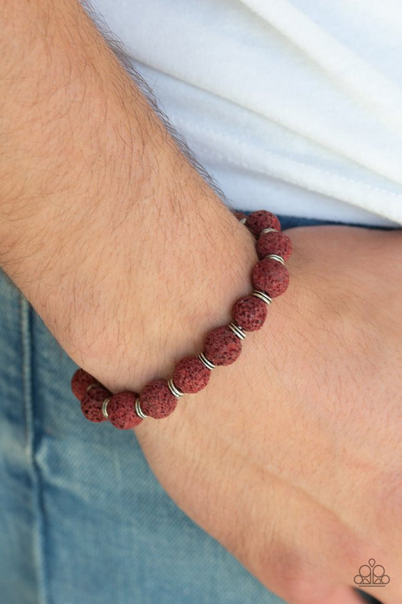 Paparazzi Luck - Red - Bracelet  -  A collection of dainty silver rings and earthy Fired Brick lava rock beads are threaded along a stretchy band around the wrist for a seasonal style.
