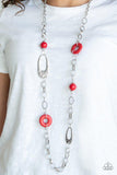 Paparazzi Artisan Artifact - Red A compilation of fiery red stone beads, silver rings, and hammered silver accents connect across the chest for an artisan flair. Features an adjustable clasp closure.
