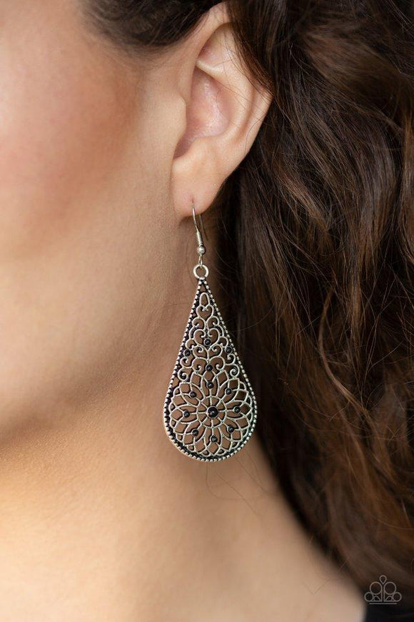 Paparazzi Mandala Makeover - Black Swirling with mandala-like filigree, an ornate silver teardrop frame is dotted with dainty black beads for a whimsical look. Earring attaches to a standard fishhook fitting.

