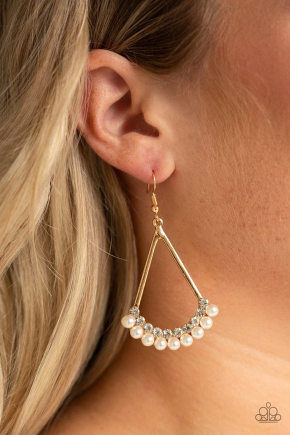 Paparazzi Top to Bottom - Gold - Earrings  -  The bottom of a glistening teardrop frame is encrusted in rows of glassy white rhinestones and pearly white beads for a refined finish. Earring attaches to a standard fishhook fitting.
