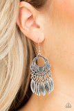 Paparazzi Country Chimes - Silver Studded and embossed in tribal inspired patterns, a fringe of shimmery silver frames swing from the bottom of an ornate silver hoop for a chime-like look. Earring attaches to a standard fishhook fitting.

