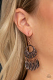 Paparazzi Country Chimes - Copper  -  Studded and embossed in tribal inspired patterns, a fringe of shimmery copper frames swings from the bottom of an ornate copper hoop for a chime-like look. Earring attaches to a standard fishhook fitting.
