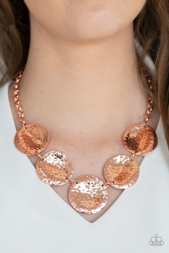 Paparazzi First Impressions - Copper - Necklace  -  Featuring a hammered high-sheen finish, imperfect round shiny copper frames link below the collar for a casual look. Features an adjustable clasp closure.
