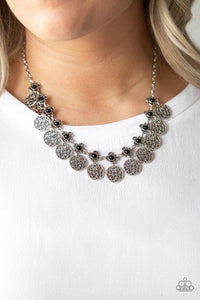 Paparazzi Mandala Movement - Black Silver mandala-like frames swing from the bottom of black beaded fittings, creating a flirtatious fringe below the collar. Features an adjustable clasp closure.
