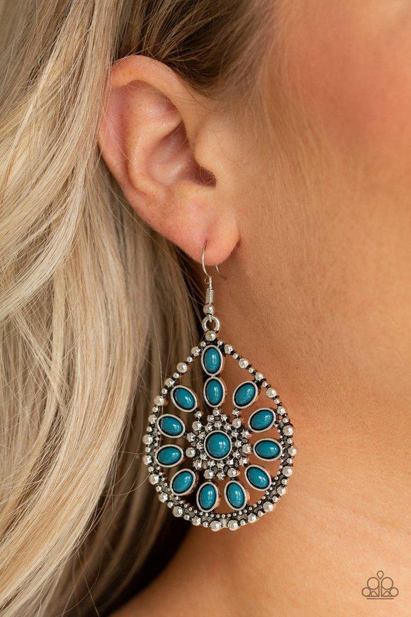 Paparazzi Free To Roam - Blue Refreshing blue beads collect into a floral pattern inside of a studded silver teardrop, creating a whimsical frame. Earring attaches to a standard fishhook fitting.
