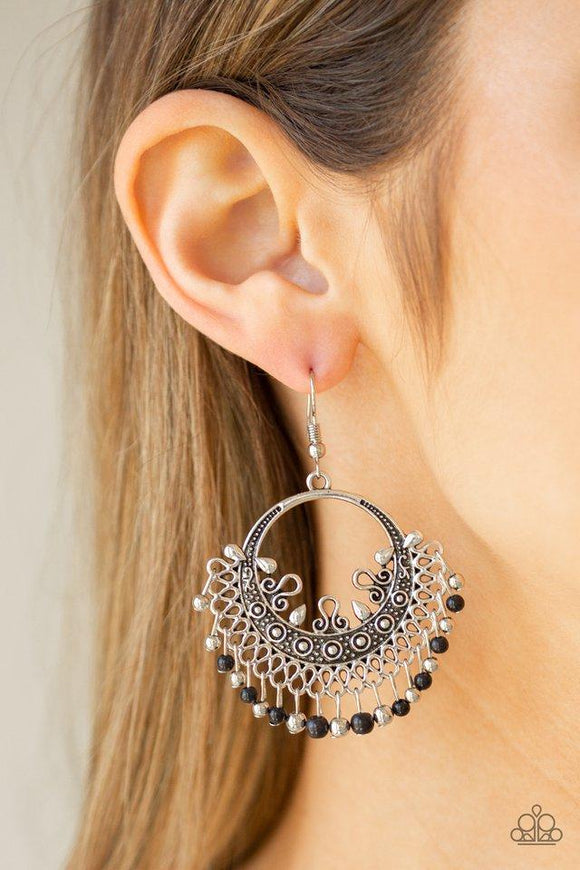 Paparazzi Canyonlands Celebration - Black  -  A fringe of dainty silver beads and earthy black stone beads swing from the bottom of an ornate silver hoop dotted in stunning detail for a seasonal flair. Earring attaches to a standard fishhook fitting.
