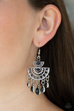 Paparazzi SOL Searching - Black Radiating with sunburst patterns, a black beaded silver frame gives way to a matching black teardrop fringe for a seasonal flair. Earring attaches to a standard fishhook fitting.
