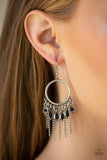 Paparazzi Very Vagabond - Black Infused with a tapered silver chain fringe, black beaded teardrop frames swing from the bottom of a shiny silver hoop for a seasonal look. Earring attaches to a standard fishhook fitting.
