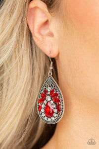 Paparazzi Candlelight Sparkle - Red A studded silver teardrop is encrusted in an array of fiery red and glassy white rhinestones for a glamorous look. Earring attaches to a standard fishhook fitting.
