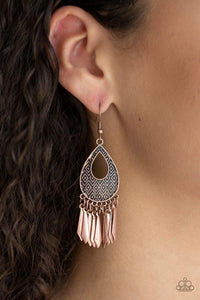 Paparazzi Metallic Funk - Copper  -  Embossed in a bold geometric pattern, a glistening copper teardrop frame gives way to a fringe of flared copper rods for a seasonal flair. Earring attaches to a standard fishhook fitting.
