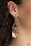 Paparazzi Metallic Funk - Copper  -  Embossed in a bold geometric pattern, a glistening copper teardrop frame gives way to a fringe of flared copper rods for a seasonal flair. Earring attaches to a standard fishhook fitting.
