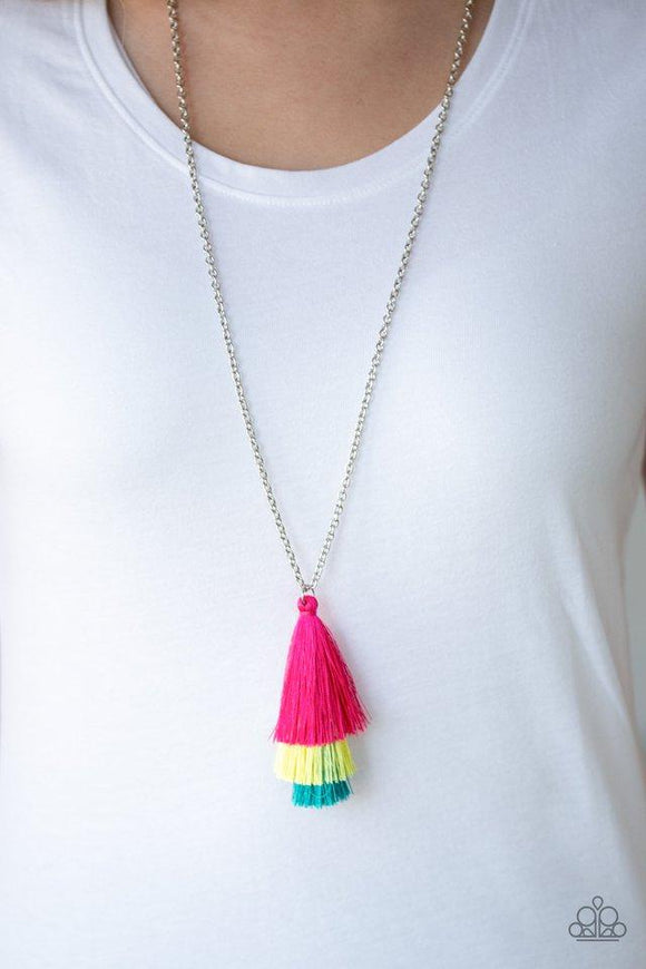 Paparazzi Triple The Tassel - Multi Featuring shimmery pink, yellow, and blue thread, a 3-tiered tassel swings from the bottom of a lengthened silver chain for a colorful, wanderlust vibe. Features an adjustable clasp closure.

