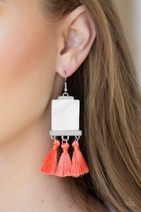 Paparazzi Tassel Retreat - Orange A rectangular shell-like accent is nestled into a shiny silver frame. A trio of shiny coral threaded tassels swing from the bottom of the incandescent frame for a flirtatious finish. Earring attaches to a standard fishhook fitting.

