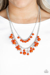 Paparazzi Beautifully Beaded - Orange Infused with shimmery silver accents, an array of hearty orange beads cascade from two shimmery silver chains, creating a flirtatious beaded fringe below the collar. Features an adjustable clasp closure.

