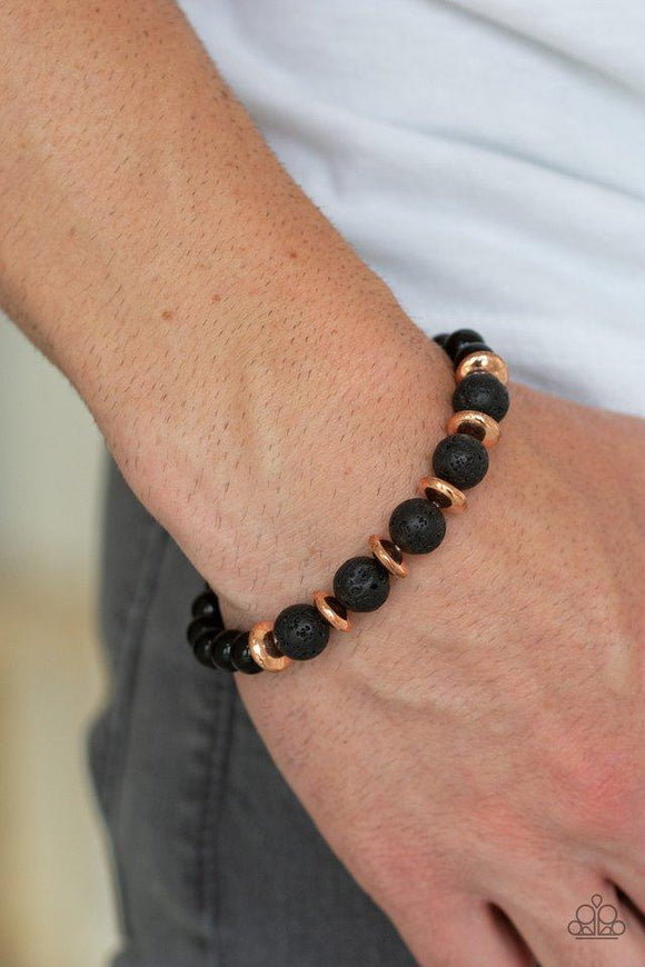 Paparazzi Truth - Copper A collection of polished black beads, shiny copper accents, and earthy lava rock beads are threaded along a stretchy band around the wrist for a seasonal look.

