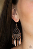 Paparazzi Wolf Den - Copper  -  Etched in zigzagging textures, a black beaded copper frame gives way to a fringe of flared copper bars for a dramatic tribal inspired look. Earring attaches to a standard fishhook fitting.
