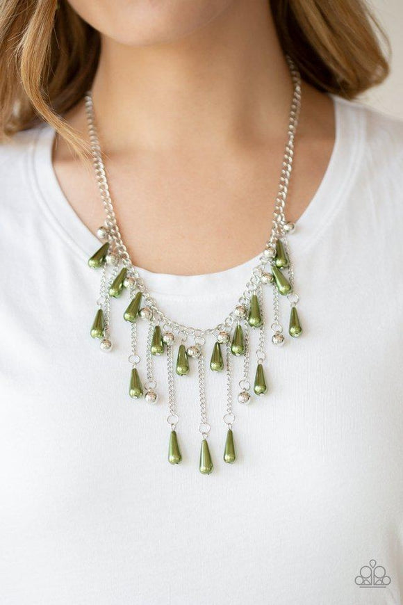 Paparazzi Fleur de Fringe - Green A fringe of shimmery silver and pearly green teardrop beads swings from the bottom of a glistening silver chain. Suspended by chains, matching beads dangle from the refined fringe for a gorgeous finish. Features an adjustable clasp closure.
