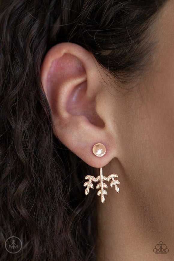 Paparazzi Autumn Shimmer - Rose Gold - A flat rose gold stud attaches to a double-sided post, designed to fasten behind the ear. Brushed in a high-sheen shimmer, the leafy double-sided post peeks out beneath the ear for a seasonal look. Earring attaches to a standard post fitting.